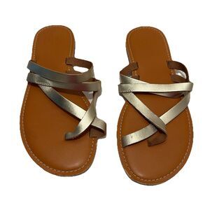 GAP Tan Metallic Thong Toe Loop Multi Strap Slip On Flats Sandals Womens Size 9